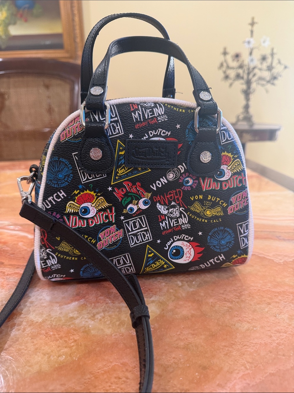 Von Dutch Black Mini Dome Bag with Multicolor Logo Print